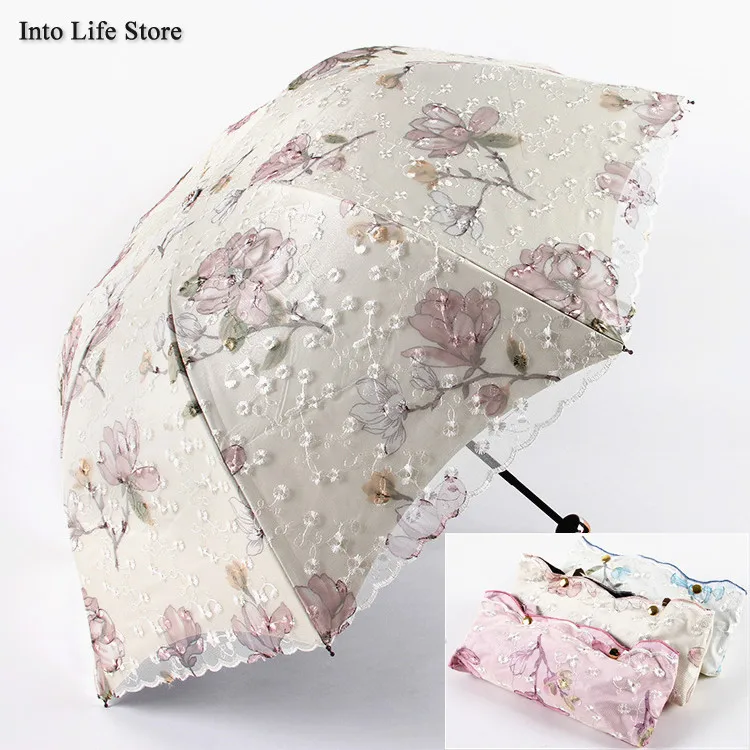 

Luxury Lace Sun Umbrella Rain Women UV Three Folding Beach Umbrella for Girls Ladies Parasols Balck Coating Gift Ideas UPF50+