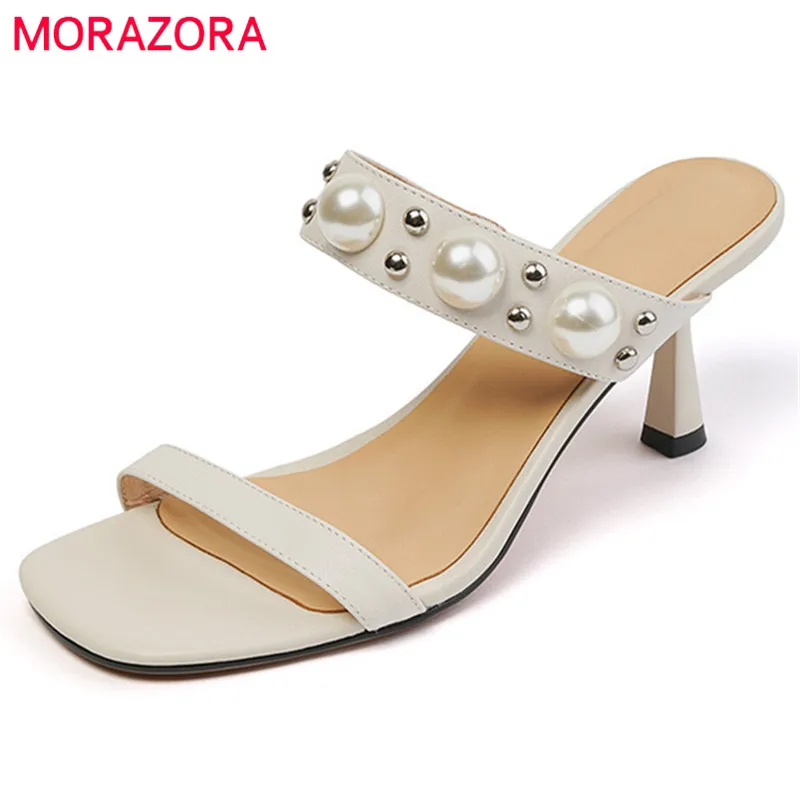 

MORAZORA 2021 Hot Sale Genuine Leather Sandals Women Sexy Thin High Heels Mules Shoes Pearl Rivet Fashion Party Shoes Female