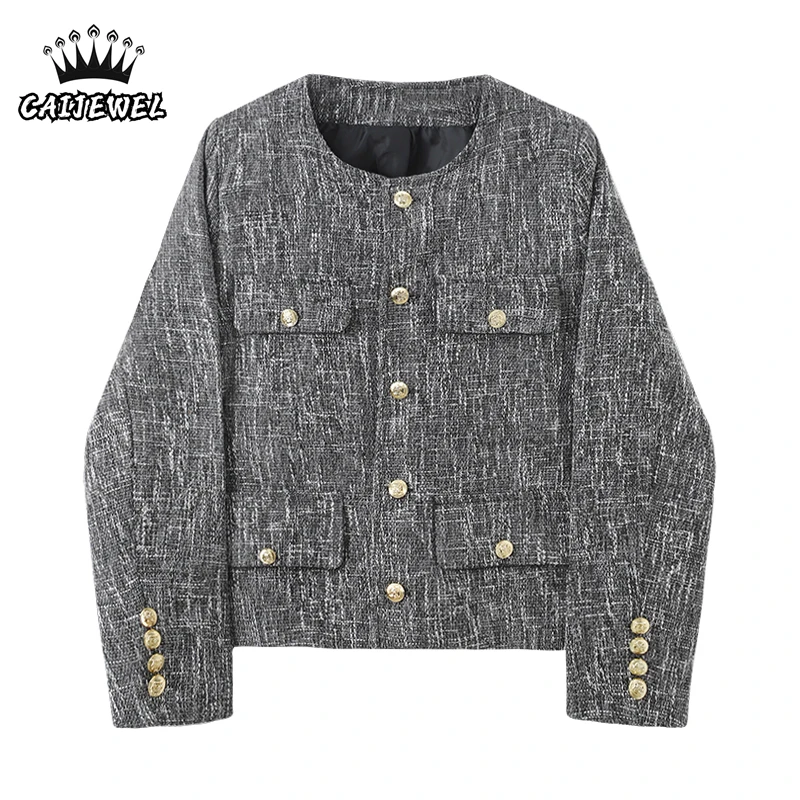 

Retro Womens Tweed Jacket Coat Autumn Winter Streetwear Chic Design Office Ladies High Quality TOPs Baggy Cropped Jacket Outwear