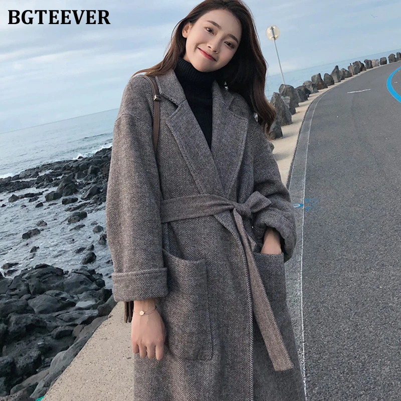 BGTEEVER, винтажное, свободное, утолщенное, теплое, шерстяное пальто для женщин,, с отворотом, полный рукав, карманы, с поясом, зимнее пальто, женское, длинное пальто