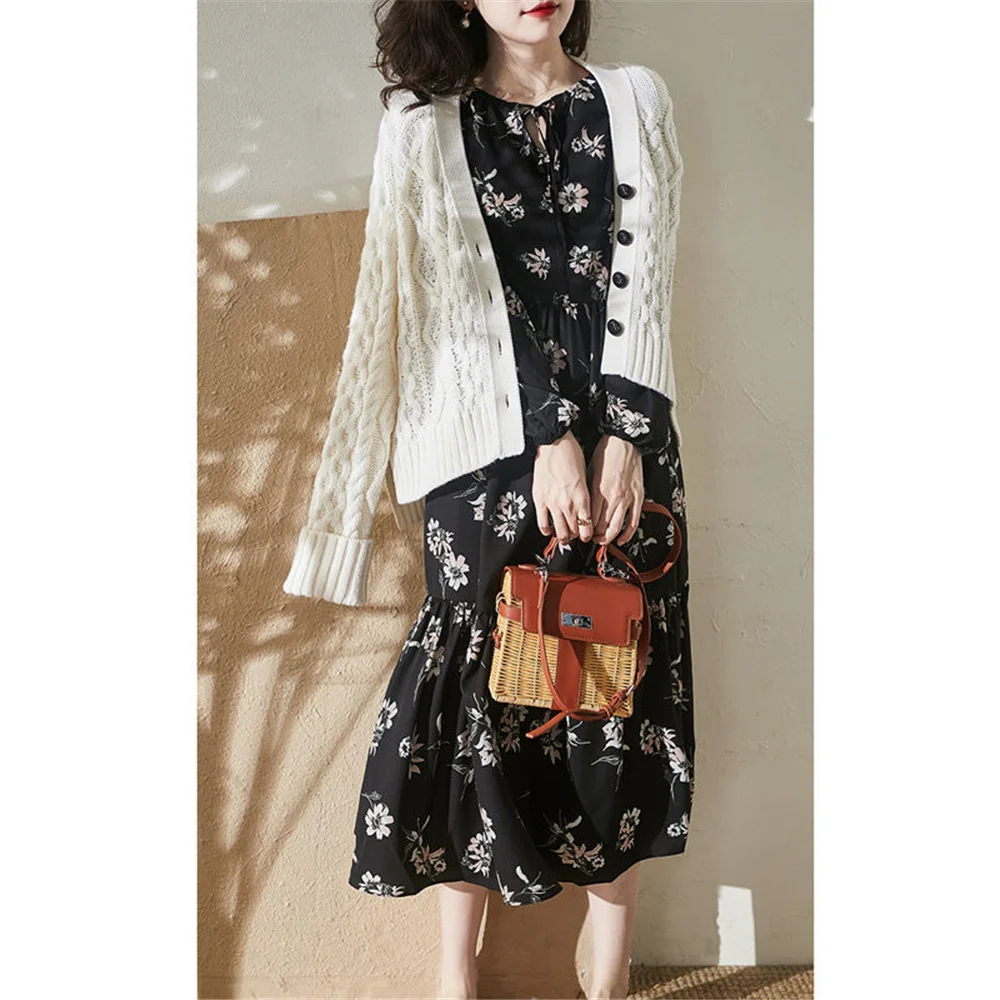 

Dress for Women Vintage Floral Print Midi Casual Long Sleeve Spring Summer 2021 Empire Plus Size Black Elegant Dresses