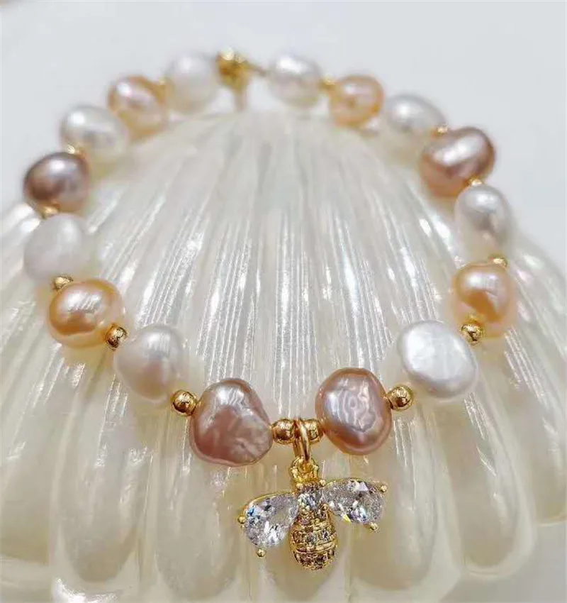 

HABITOO Natural 8-9mm Multicolor Freshwater Cultured Pearl Gold Bead Bracelet Bee Pendant Bangle Adjustable Fashion Jewelry Gift