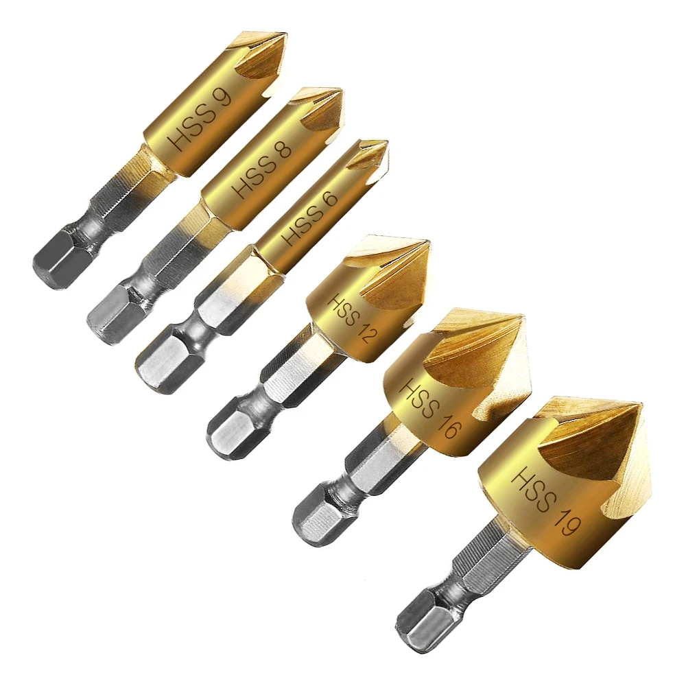

6Pcs Hexagonal handle titanium-plated Carbon steel five-edge chamfer three-piece 1/4" Round Shank For Power Tool