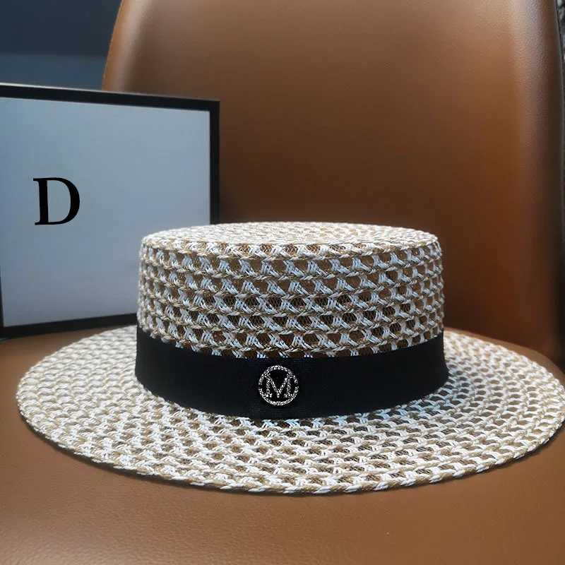 

Шляпа Соломенная женская с плоским козырьком, Панама в стиле ретро, Пляжная шапка с металлическими буквами м, повседневная, летняя