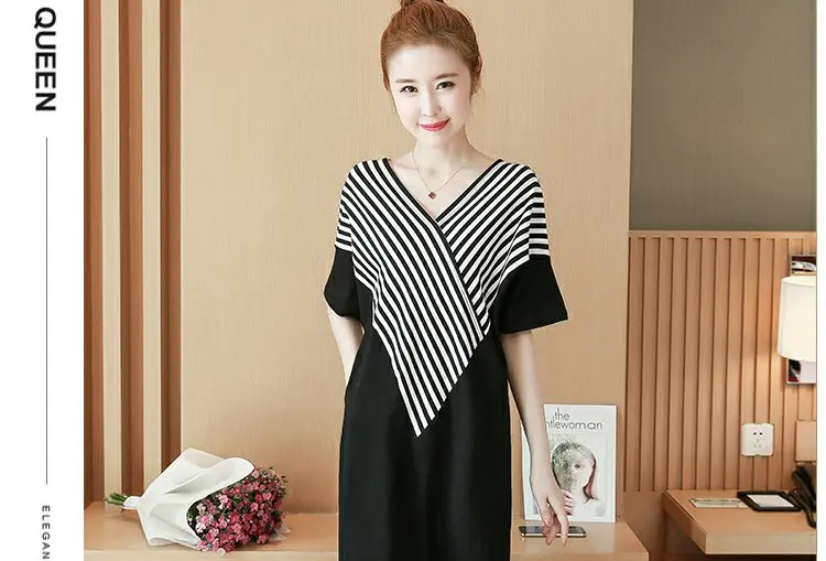 FJ1347B-2020 summer new large size women's short-sleeved V-neck t-shirt casual mid-long striped dress women | Женская одежда