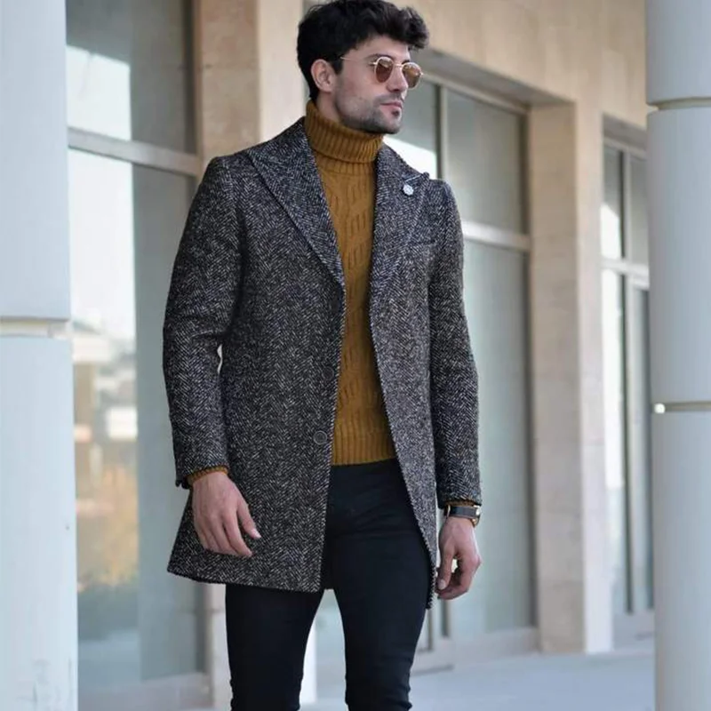 

Зимнее пальто цвета хаки в елочку, отличное пальто, мужские костюмы, наряд с заостренным лацканом, цельное длинное пальто на заказ, Высококачественная куртка