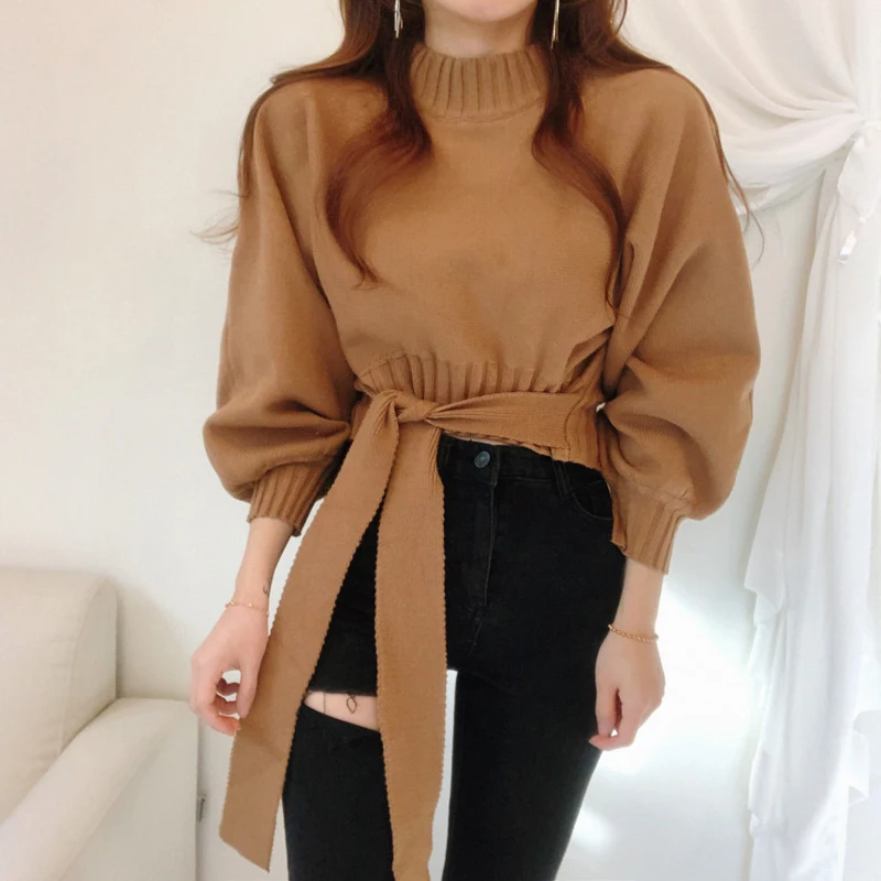 BGTEEVER Casual Cold-shoulder Knitting Pullover Sweaters Women Slim Waist Winter O-neck Lace-up Female Short Jumpers Tops 2020 | Женская