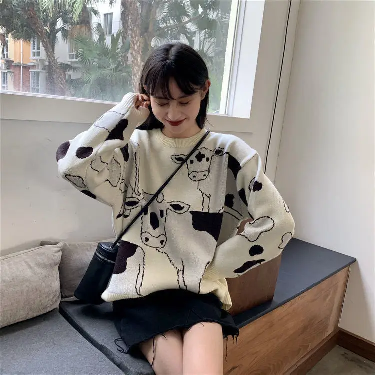 

Autumn winter new Korean crew neck color matching sweater relaxed and lazy style all over the T-shirt
