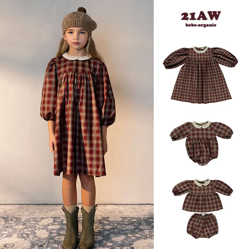 

Beb Brand Children Pliad Dresses Baby Girls Romper Vintage Style Fashion Kids Long Sleeve Dress 2021 Autumn Winter Kids Clothes