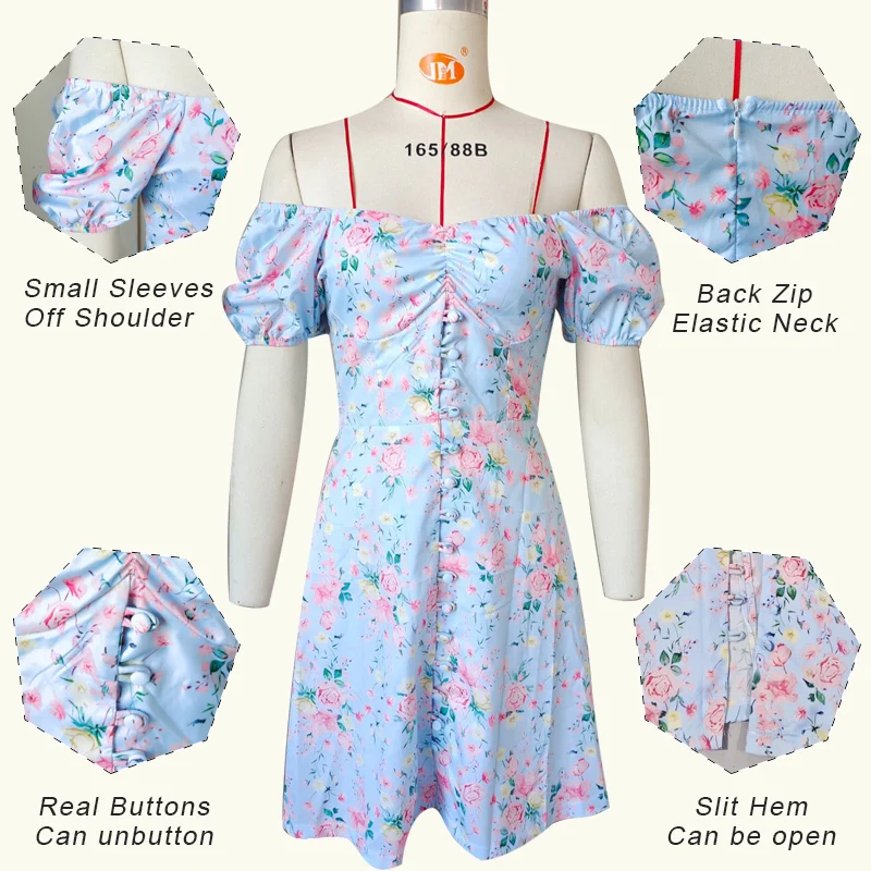 

Floral Print Buttoned Mini Dress Women Ruffles Puff Sleeve Sexy Heart Neck Summer Dresses Off Shoulder A Line Dress
