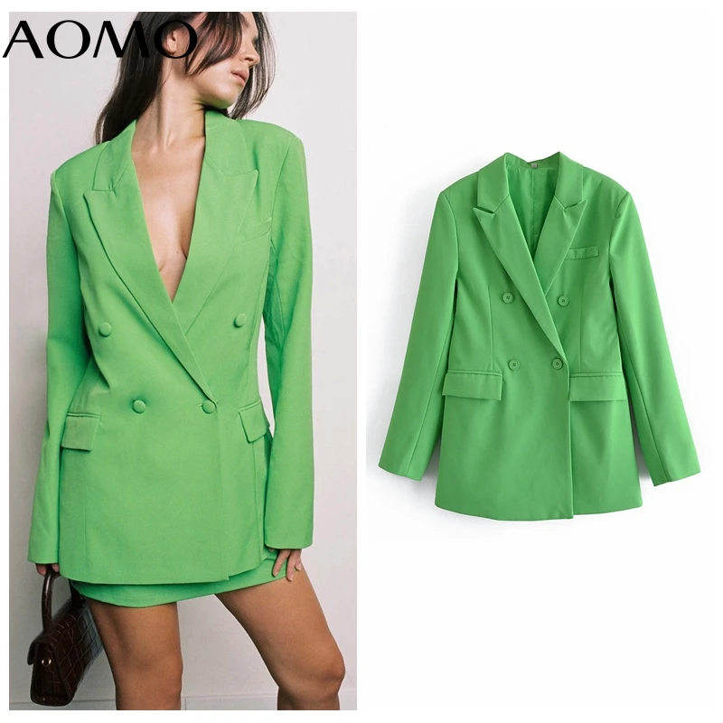 

Женский однотонный зеленый Блейзер AOMO, винтажный двубортный пиджак с длинным рукавом, верхняя одежда, 2021