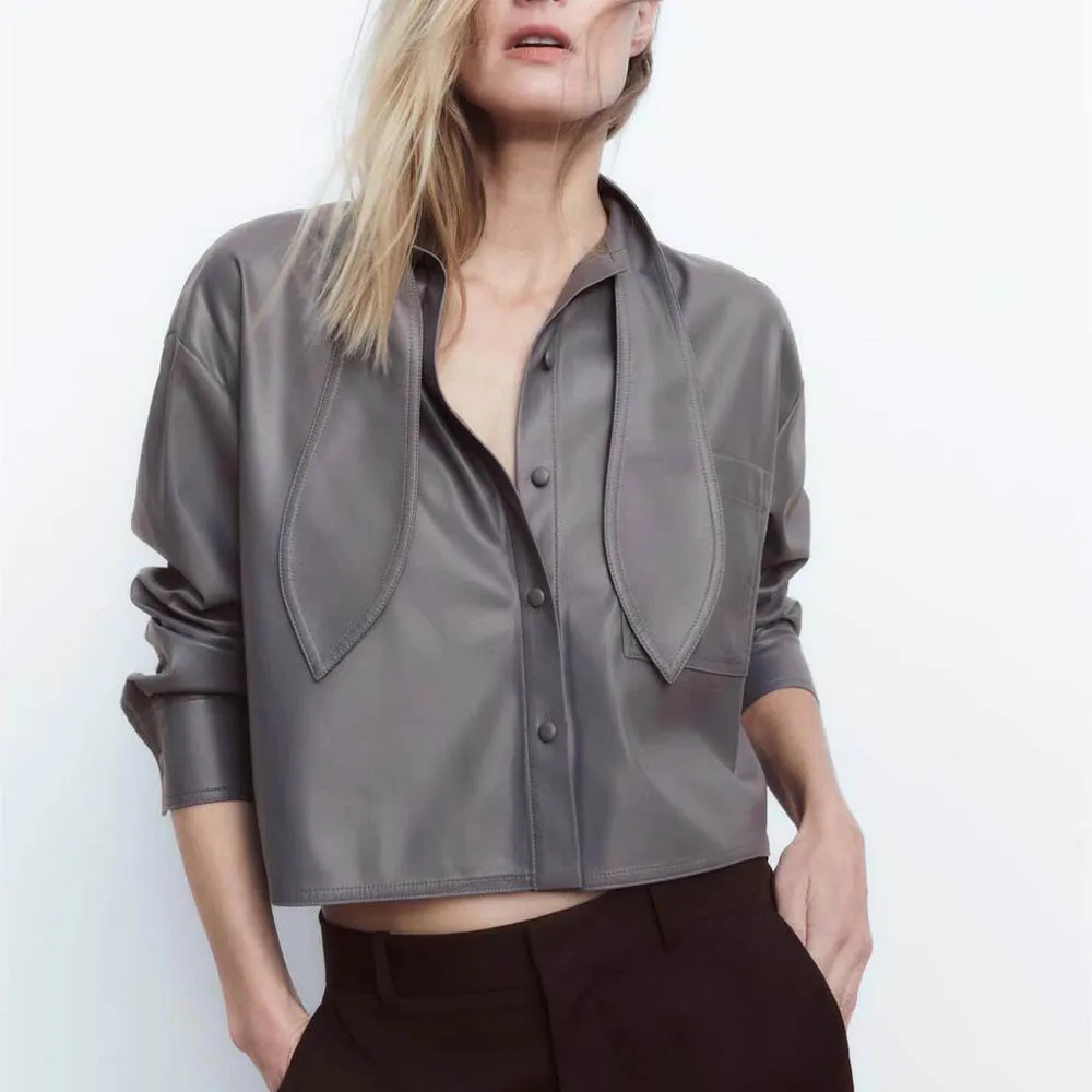 

Женская Осенняя рубашка из искусственной кожи с бантом, украшенная бантом, модная темпераментная Повседневная Универсальная Женская шикар...