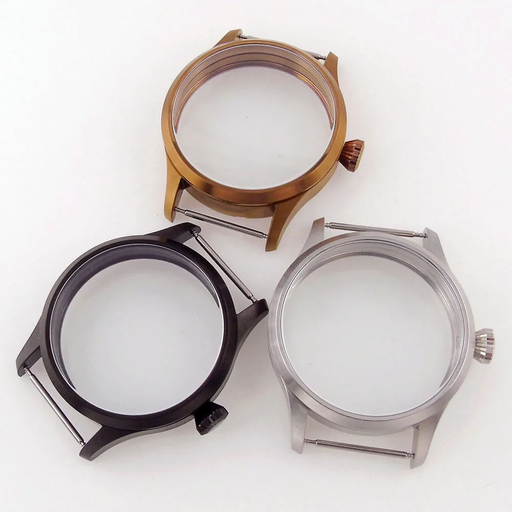 

Nologo fit ETA 6497 6498 ST3600 3602 Bronzed/PVD Black 42mm Manual Watch Case See-through Back Mineral Glass