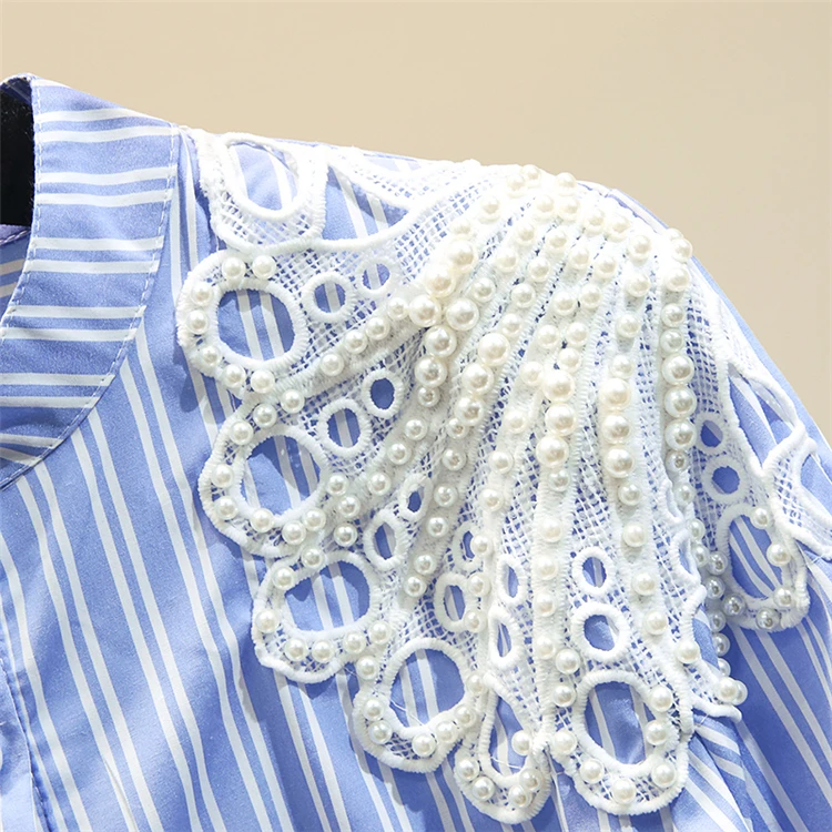 WHITNEY WANG Blouses 2020 Spring Fashion Streetwear Lace Embroidery Pearls Beading Striped Blouse Women Blusas Lady Shirt Top | Женская