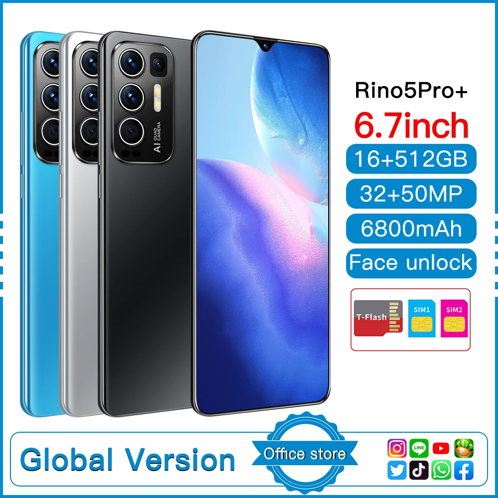 

Global Version Rino5 Pro+ Smartphones 6800mAh 16+512GB 6.7Inch Mobile Phones 32MP +50MP HD Camera Android11 Dual SIM Cellphones