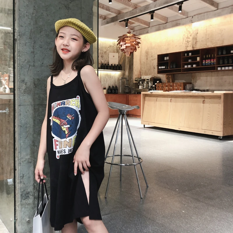 Vintage Kids Girls Dresses One piece Strap Dress Summer Printed Side Slit Braces 5 6 7 8 9 10 11 12 13 Years Clothes | Детская одежда и