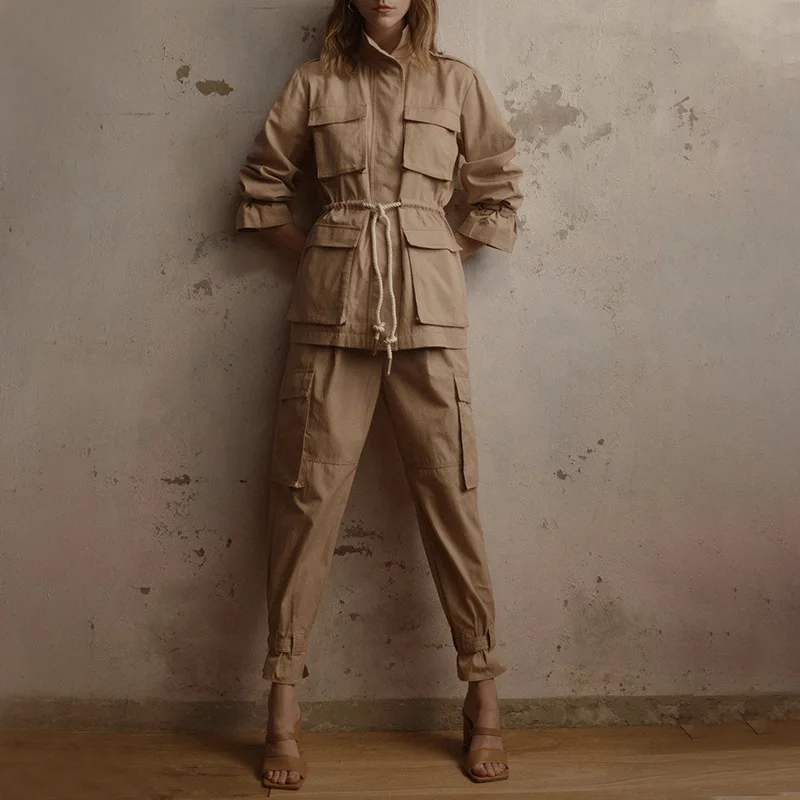 

2020 Autumn New Fashion Lapel Pocket Jacket + High Waist Pants Casual Suit