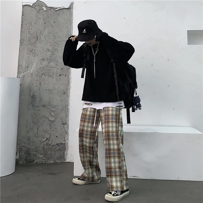 

Korean ins plaid casual wide leg pants loose fashion streetwear casual long capris Unisex trousers straight sweatpants women