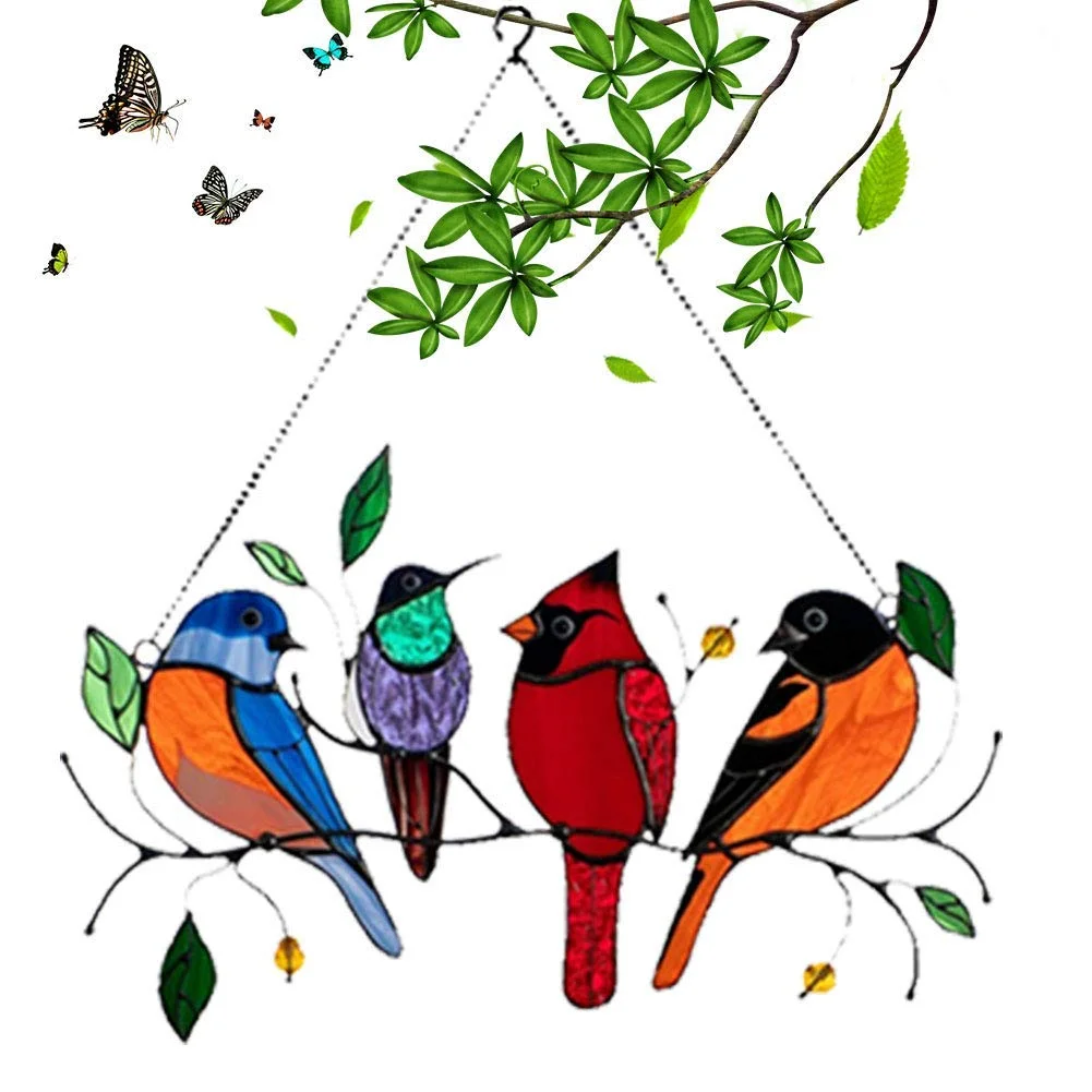 

Multiple Birds on a Wire High Stained Glass Suncatcher Window Hanging Ornaments, Bird Series Sculptures Pendant Home Decoration