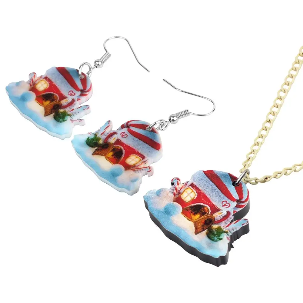 Bonsny Acrylic Christmas Anime Snow House Castle Jewelry Sets Necklace Earrings Decoration For Women Girl Teen Kids Gift | Украшения и