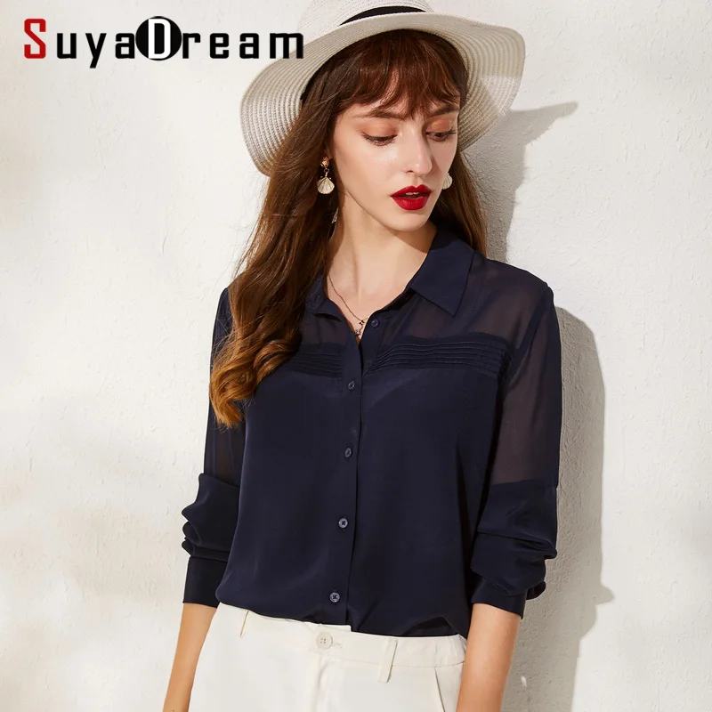

Женская однотонная шелковая блузка SuyaDream, блузка из 100% шелка с отложным воротником и длинными рукавами, Офисная рубашка темно-синего цвета, ...