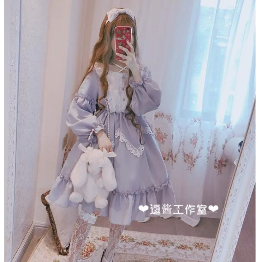 

Женское платье с длинным рукавом, готическое платье в стиле «Сладкая Лолита», винтажное Бандажное платье с коротким/длинным рукавом, в викт...