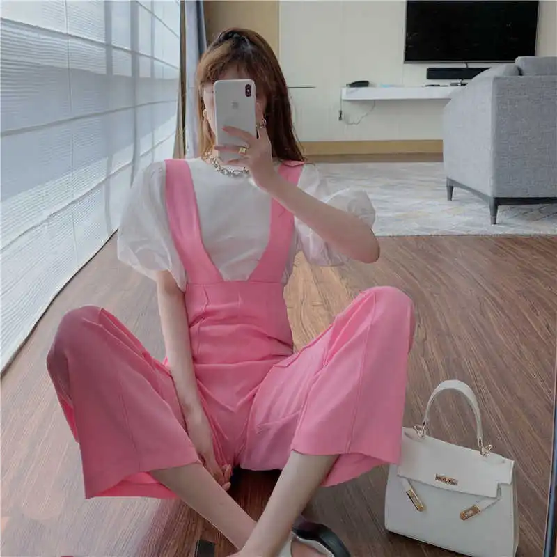 Женский костюм с пышными рукавами летний прямой Топ круглым вырезом и брюки