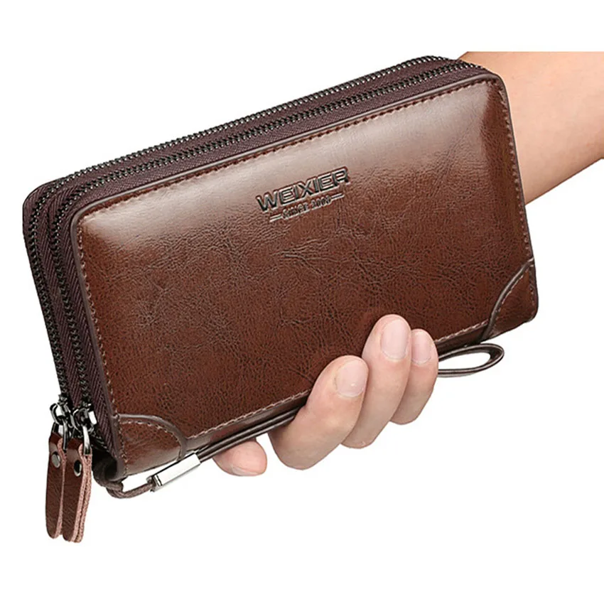 

New Brand Oil waxed Genuine Leather Wallets Men's Clutch bag Double Zipper Card Holder Long Wallet Large Cell Phone Purse 2020
