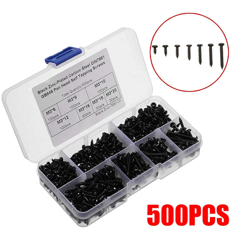

500pcs Cross Recessed Screw Black Cross Recessed Round Head Stainless Steel Self-tapping Screws M3 Strong And Resistant To Use