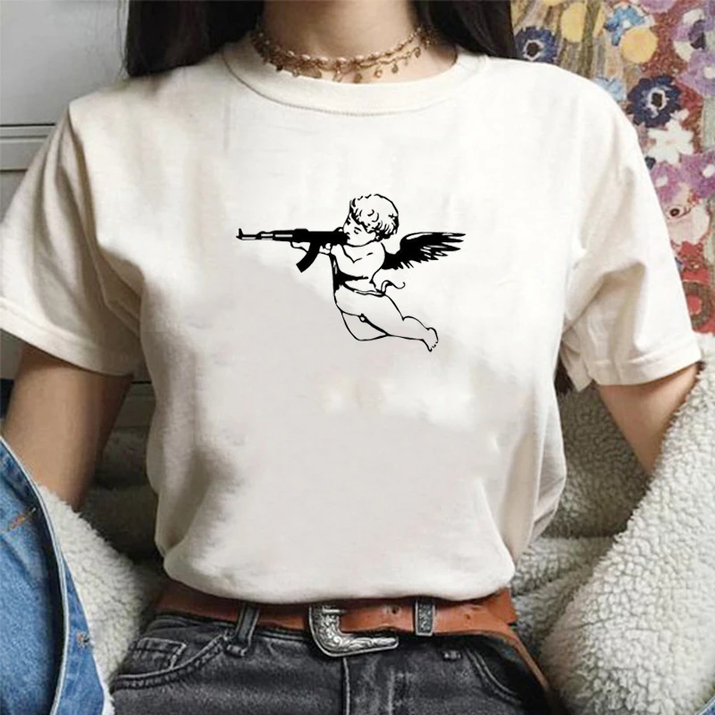 

Women Tshirts Angel With Gun Aesthetic Hipster Summer Fashion Short Sleeve Cotton Grunge Graphic Tee Kawaii Cute T Shirt Tops