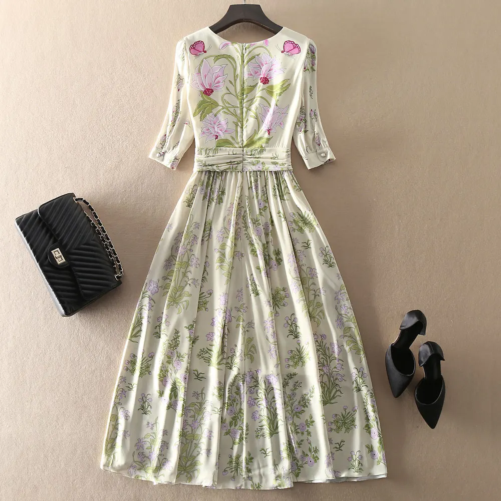 

Runway 2021 Summer Fashion Green Half Sleeve Draped Flower Print Long Elegant Beach Holiday Dress