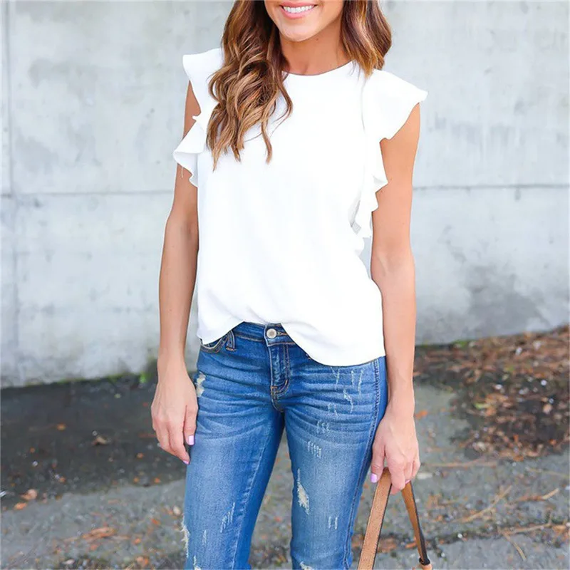 

Women Elegant Solid Color Ruffle Blouse Shirt 2021 Summer O Neck Pleated Blusa Lady New Casual Sleeveless Tops Blusa