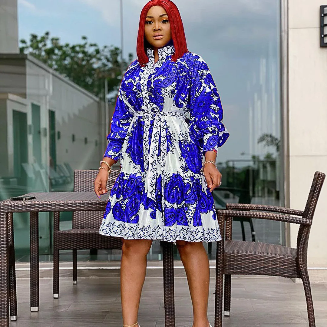 

Plus Size Women Printed Dresses Long Sleeves with Waist Belt Floral Vintage Ladies Elegant Office Work Wear Large Size African