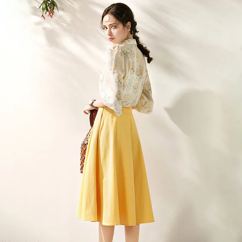 Tracksuit Woman 3 Three Piece Set Long Sleeve Print Top Strap Yellow Cotton Midi Maxi Skirt Suits Elegant Fashion Summer Clothes