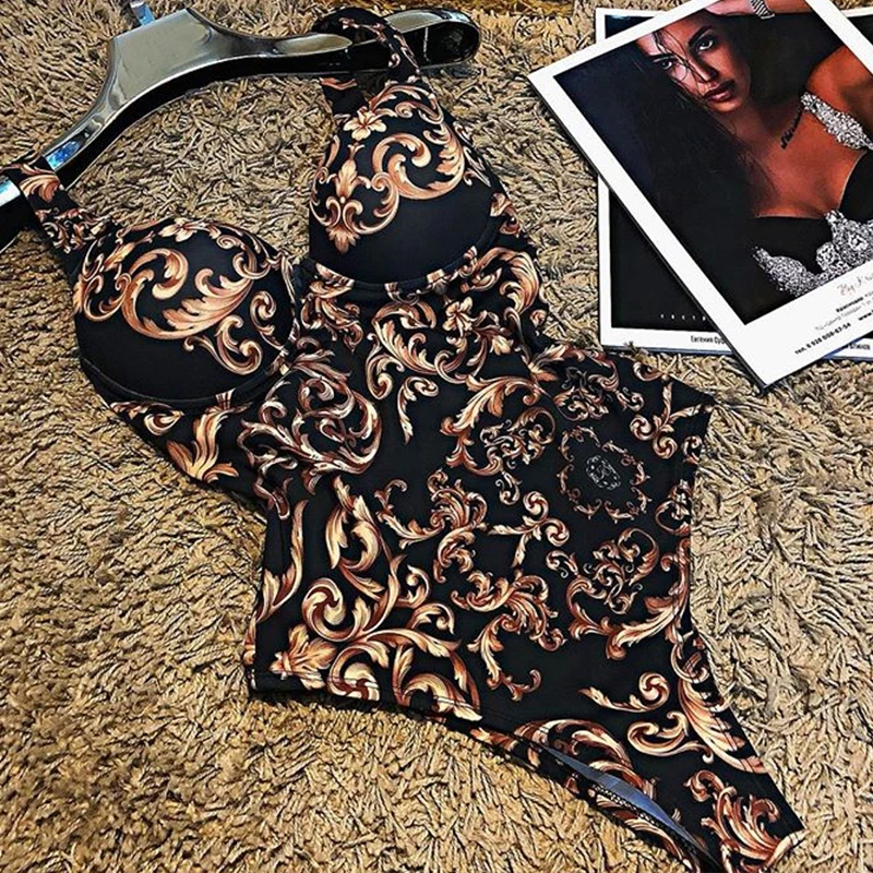 Винтаж принт цельный купальник женский глубокий купальные костюмы V-Neck для женщин с высокой боди Монокини летний купальный костюм