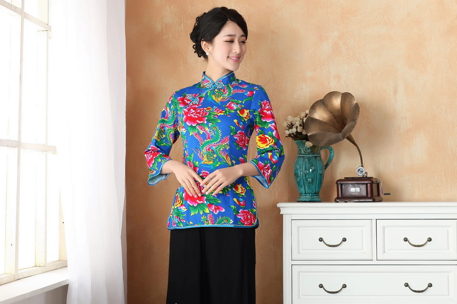 Красные синие женские китайское традиционное платье с разрезами по бокам и