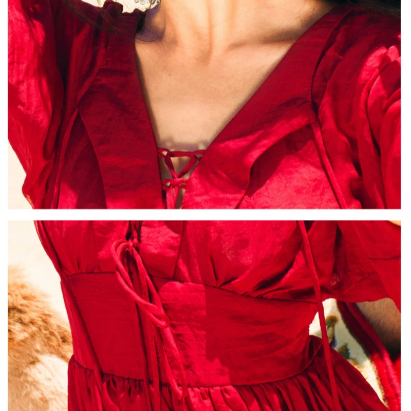 

Ethnic Style Red Chiffon Dress Summer Autumn Elegant Beach Women Dress 2020 Ladies V-neck Boho Vintage Party Dresses Vestidos