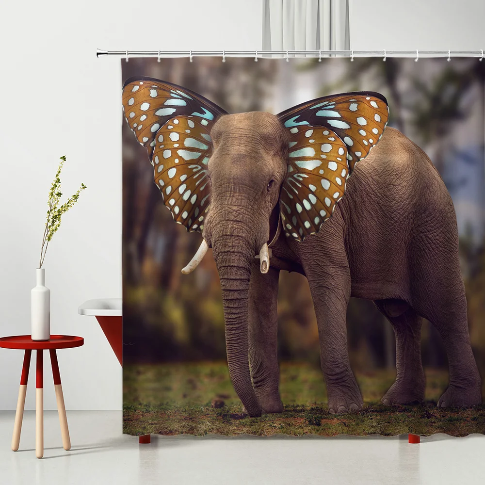 

Animal Shower Curtains African Wildlife Elephant Hot Air Balloon Bath Curtain Fabric Screen Bathroom Decor Multiple Size