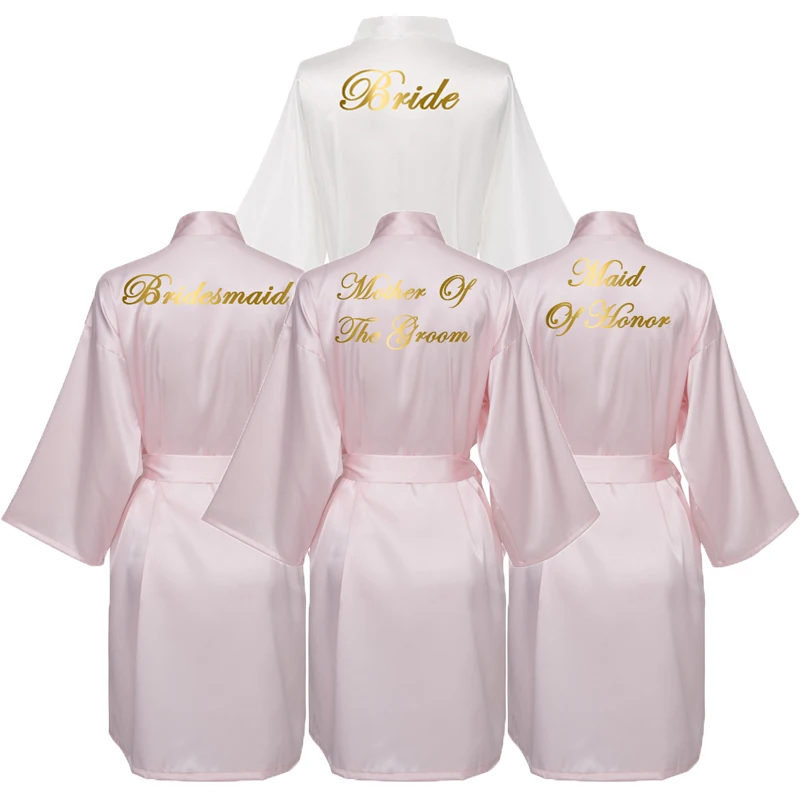 Satin Silk Bride Robe Women Wedding Party Bridesmaid Robes Bride Dressing Gown Bridal Bathrobe Gold Print light pink