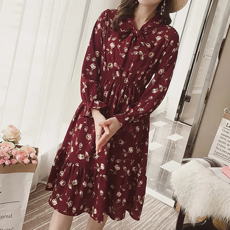 Осеннее шифоновое платье с принтом повседневные милые женские цветочные длинные