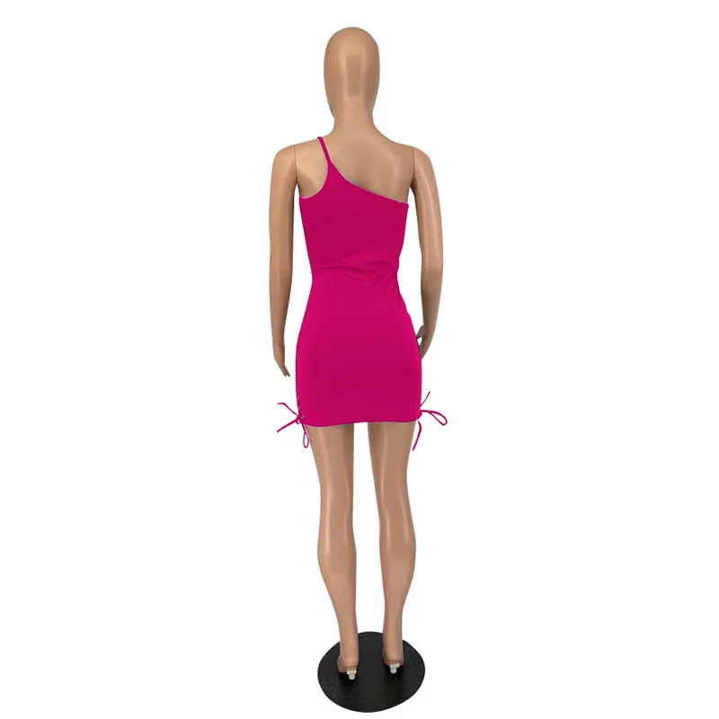 

WJFZQM Fashion One Shoulder Bandage Black Mini Dress Women Sexy Sleeveless Spaghetti Strap Club Party Ruched Dresses 2021 Summer