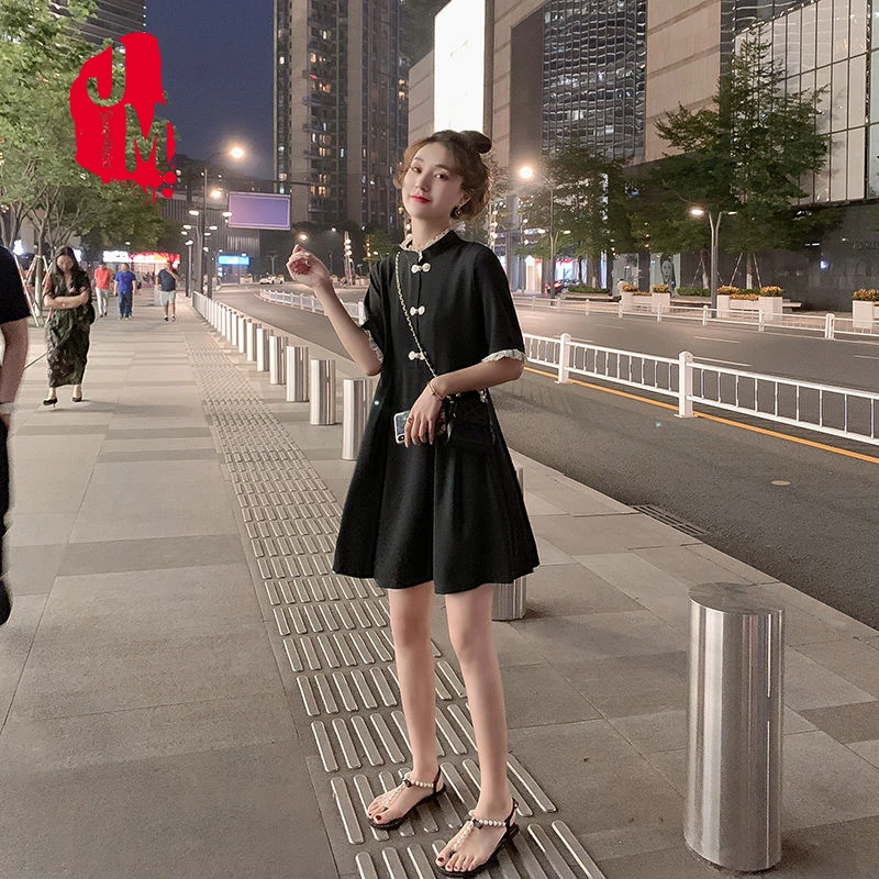 Модное черное платье с воротником-стойкой и коротким рукавом женские вечерние