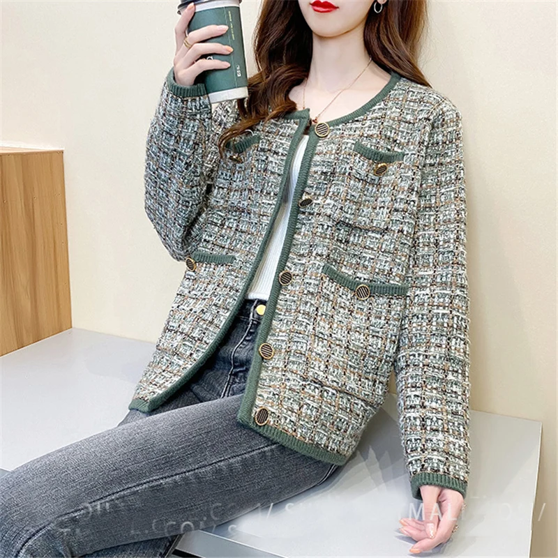 20844 (3 room 12 ranked no. 1) not make web celebrity figure grid stripe round collar knitting cardigan 53