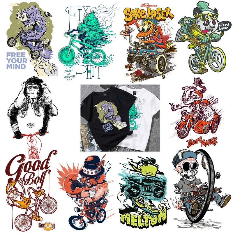 

Cartoon Skull Chimpanzees Bicycle Heat transfer Stripes Iron On Patches Thermo Stickers On Clothes Fusible Clothing Custom