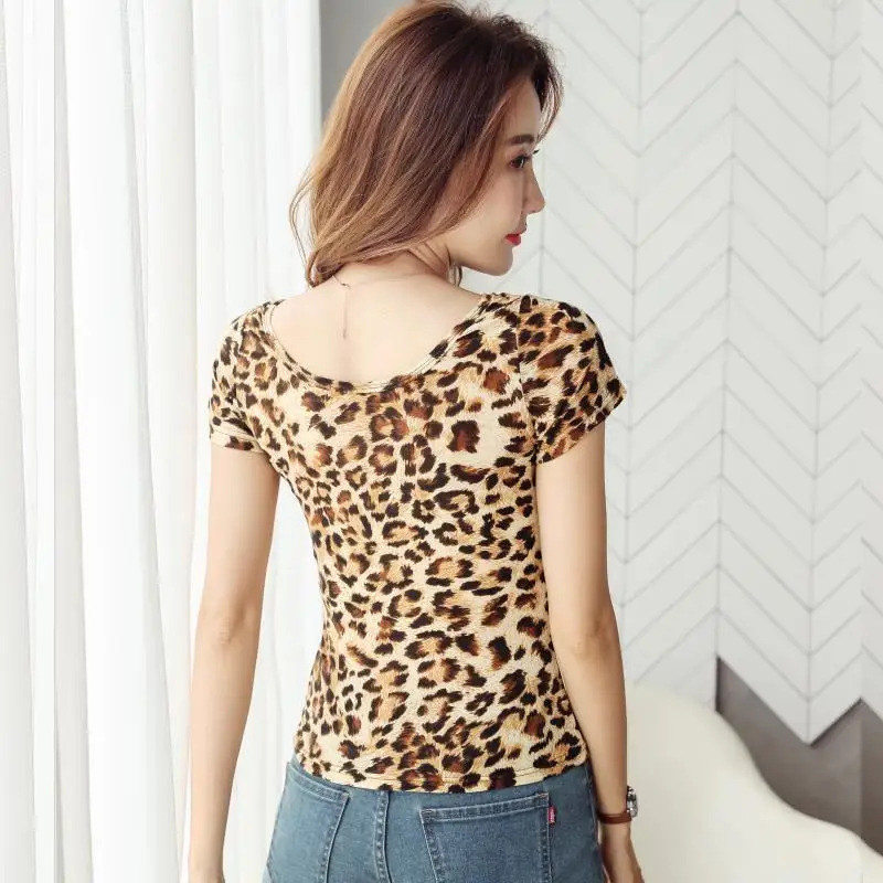 

Newest Leopard Short-sleeved Women T-shirt V-neck Women's Tops Bow Slim Summer Ladies T-shirts Clothes