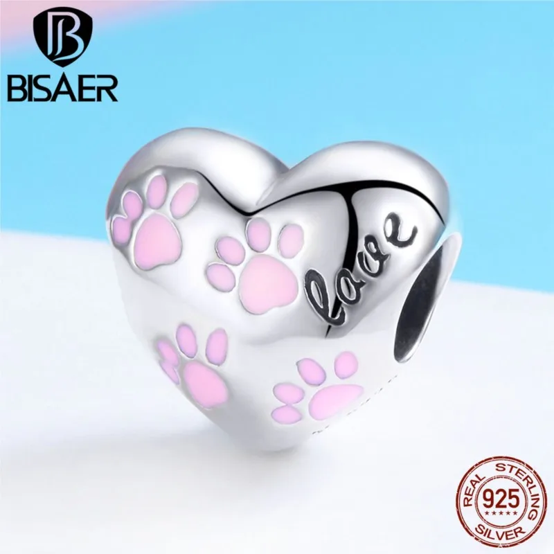 

BISAER 925 Sterling Silver Bulldog Footprints Charms Dog Animal Pink Heart Beads Fit Original Silver 925 Jewelry Making ECC768