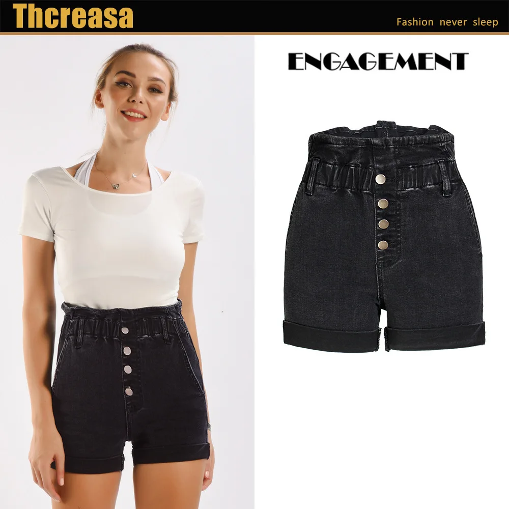 

DenimENGAGEMENT 2021 Trafaluc Za Pure black wide-leg denim shorts women's elastic waist loose curling high waist women's