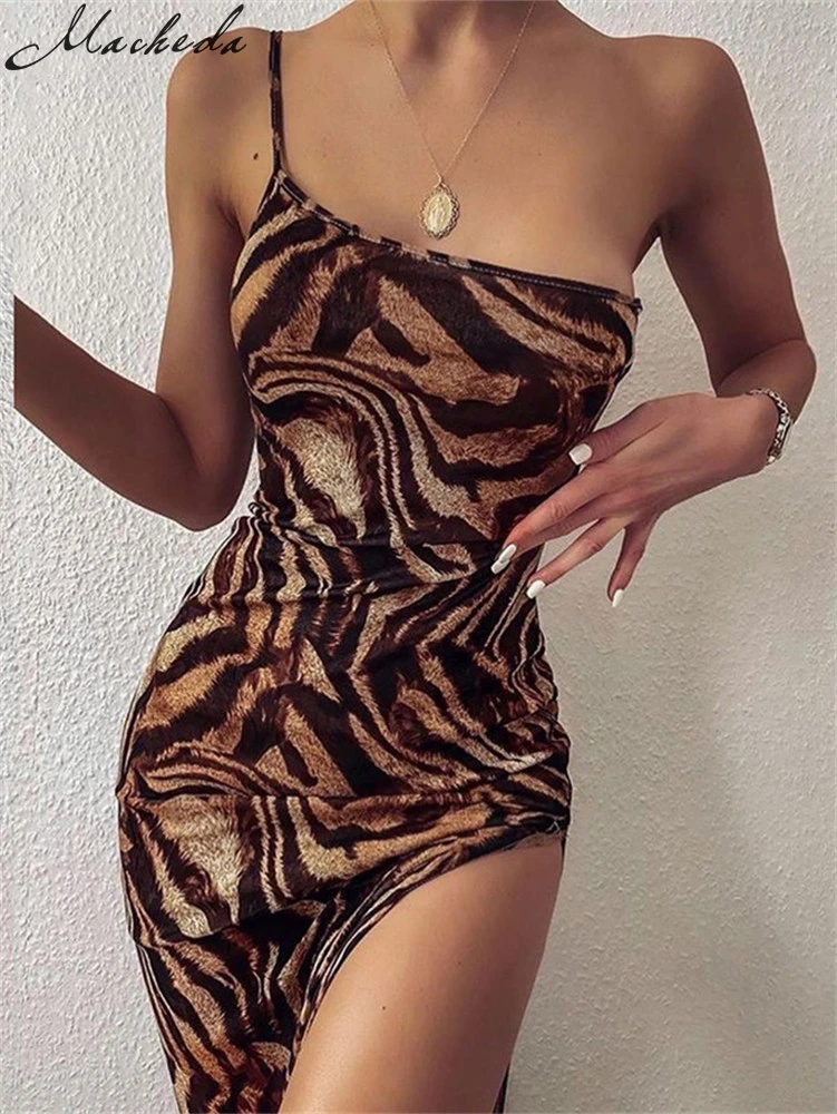 

Macheda Women Fashion One-Shoulder Sling Bodycon Dress Summer Sleeveless Print Street Casual Long Dress For Party Club New