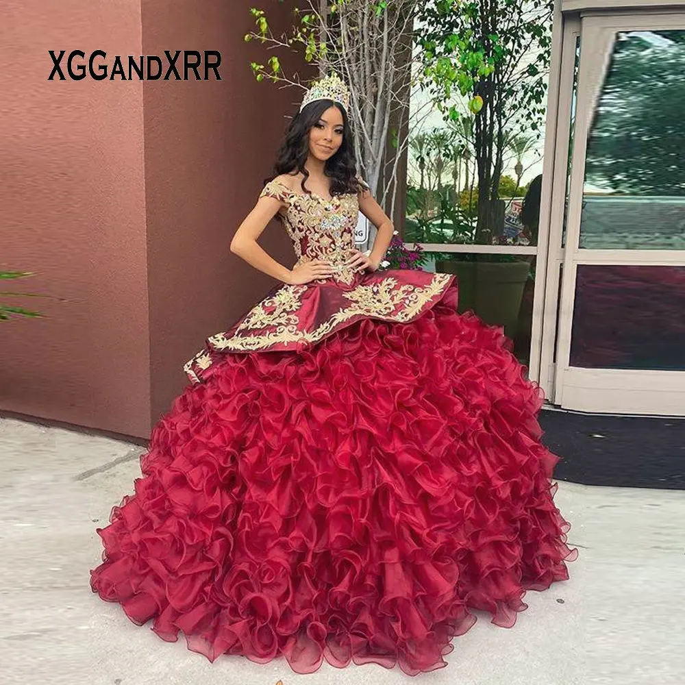

Luxury Red With Golden Quinceanera Dresses 2020 Sweetheart Ruffle Organza Sweet 15 16 Long Ball Gown Prom Dress Custom made