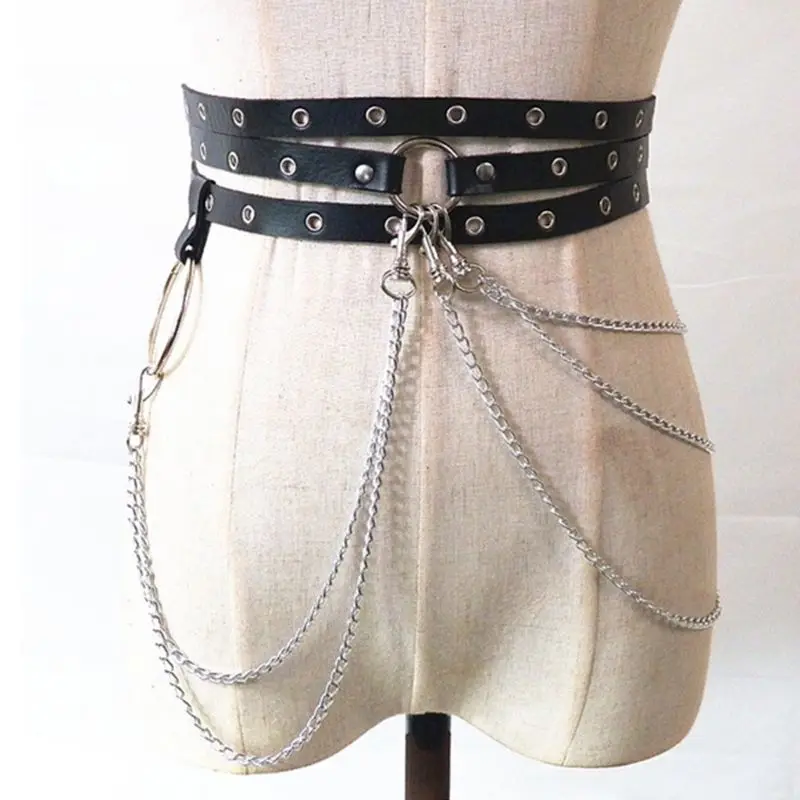 

24BC Womens Punk Rock Faux Leather Gromment Waist Belt Metal Chains Tassels Summer Beach Big O-Ring Body Harness Jewelry